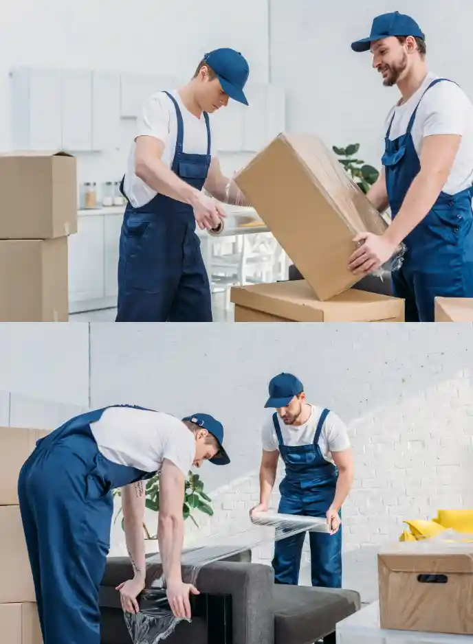 Two movers wrapping a carton and a sofa in protective film before loading
