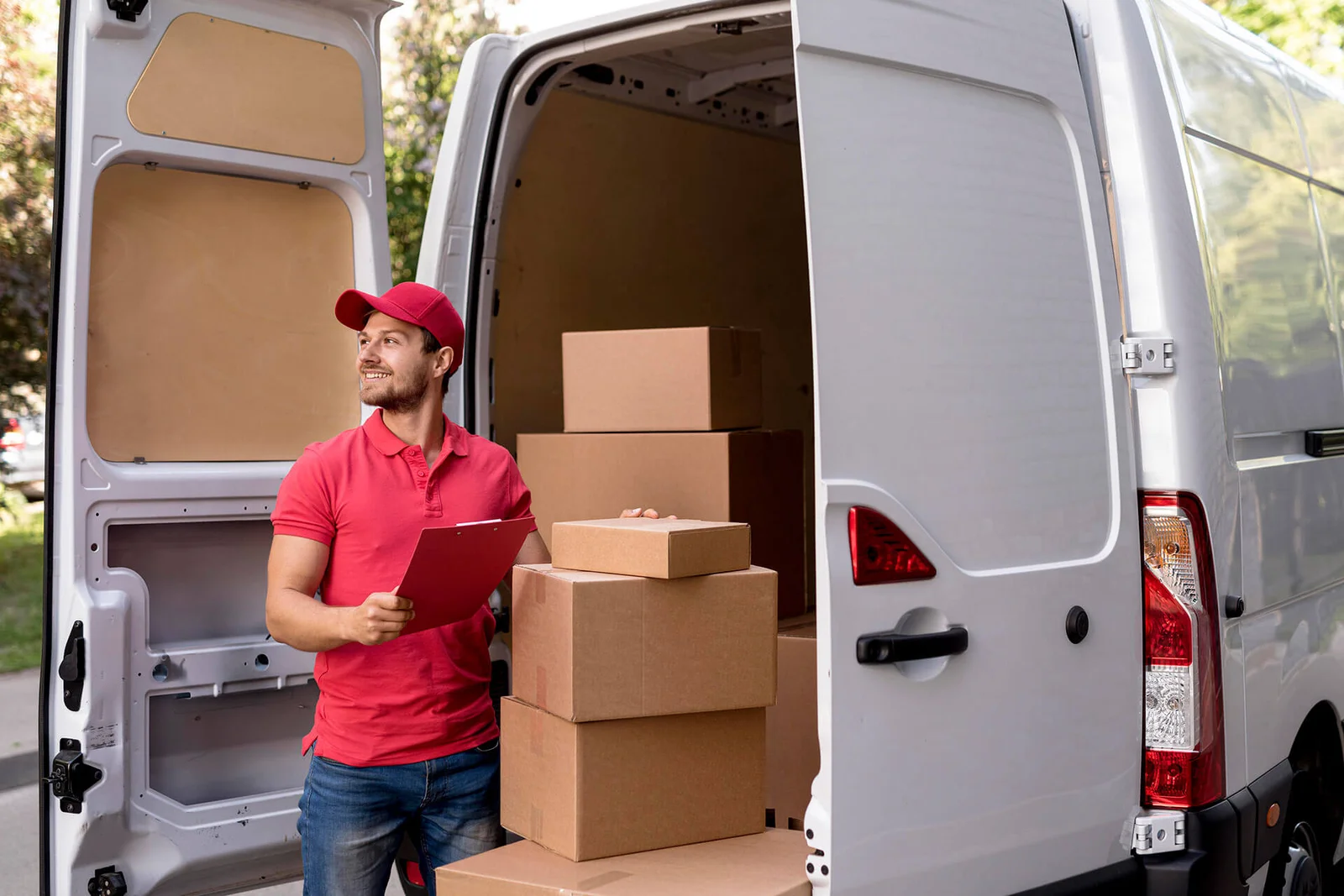 Mover checking an inventory list beside a van loaded with cartons